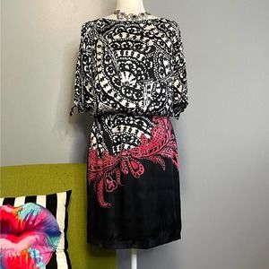 White House Black Market WHBM Geometric Silk Cocktail Blouson Dress
